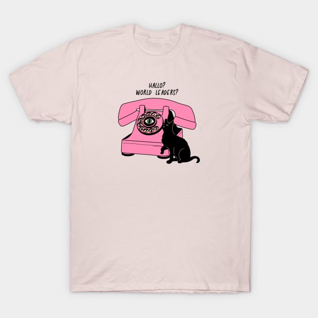 World Domination Black Cat in pink T-Shirt by The Charcoal Cat Co.